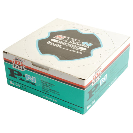 Cardboard box of Sparex Repair Patch (PN 04) Ø120mm, labeled "No. 04" and "No. 04/10," containing 10 pieces, made in Germany. The teal, white, and black box provides product information for durable repairs and cross-ply tyres using vulcanising systems under the Sparex brand name.