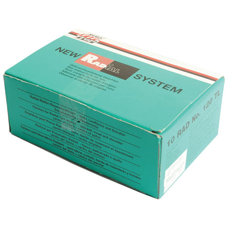 A teal box labeled "NEW SYSTEM" with red and black text contains 10 Sparex Repair Patch - Radial (120TL) 80 x 125mm (Sparex Part No. S.52238). The box highlights various product features for radial tyre repair, incorporating TIP TOP accelerator solutions and self-vulcanisation technology.