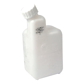 Introducing the Fuel Mixing Bottle (1L) by Sparex, Part No. S.52248. Made from durable white plastic, this bottle features a screw-on cap and clear black graduated markings for volume ratios ranging from 25:1 to 50:1, ensuring precise fuel mixtures every time.