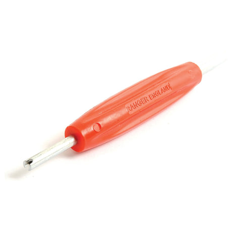 A Sparex Valve Core Screwdriver (Part No. S.52266) with a red handle and metal tip, labeled "Ranger England." Tariff Code 8481804090.