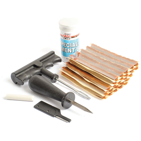 The Tyre Repair Kit Tubeless Workshop Kit by Sparex, known as Sparex Part No. S.52276, includes a T-handle tool, a spiral probe, adhesive strips, a tube of special cement, a razor blade, and a piece of chalk. Ideal for quick fixes, this comprehensive set ensures you're always prepared for unexpected flat tires.