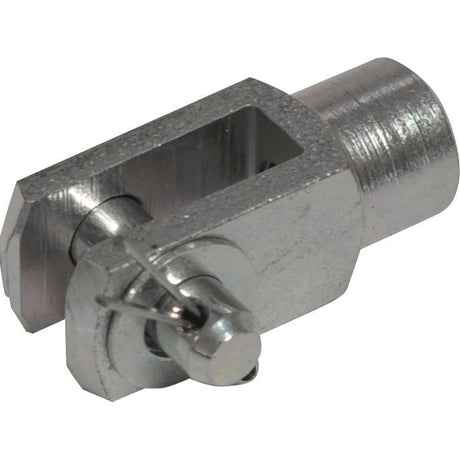 The Sparex Metric Clevis End with Pin M4.0 (DIN 71751), Sparex Part No.S.52306, is a metal clevis pin featuring a rectangular eyelet and an included locking pin.