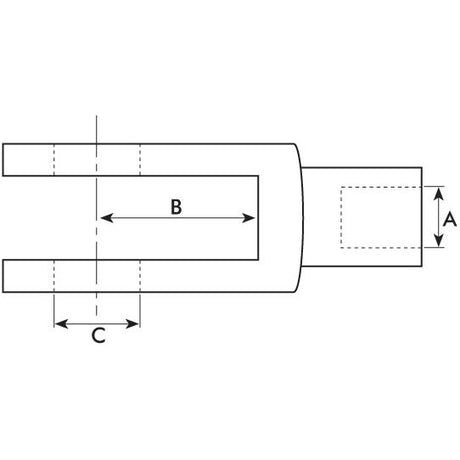 A technical drawing of the Sparex Metric Clevis End M5 (Sparex Part No. S.52309), illustrating the forked CLEVIS end component with dimensions labeled A for the thickness of the forked ends, B for the inner length of the forked section, and C for the gap between the forked ends. All measurements are provided in metric units, including precise specifications such as M5x10mm.