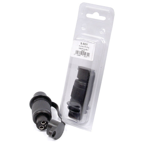 Image of an automotive accessory packaging featuring a Sparex Auxiliary 3 Pin Plug (S.56372). The plug, compatible with plastic sockets, is visible both inside and outside of its clear plastic package. A label displaying product details is affixed to the front.