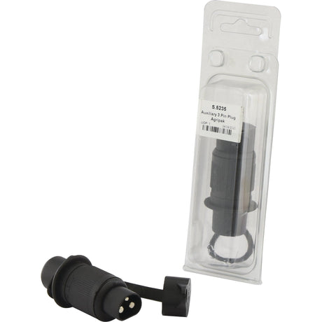 A black Auxiliary 3 Pin Plug Agripak - S.5235 from Sparex, an excellent alternative to 56376, is shown alongside its transparent packaging featuring a label with product information.