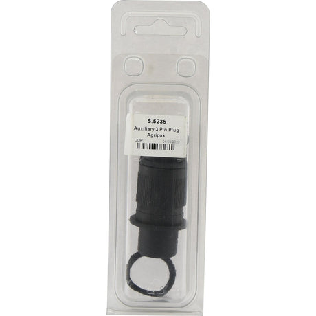 Plastic packaging containing a black Auxiliary 3 Pin Plug labeled "Auxiliary 3 Pin Plug Agripak - S.5235" from Sparex, an alternative to 56376.