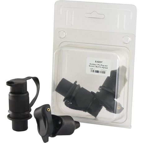 Image of the Sparex Auxiliary 3 Pin Plug and Socket 2 Bolt Fix Agripak, model S.5237, designed for 24V systems. The set is packaged in clear plastic, displaying two black connectors with one partially out of the packaging.