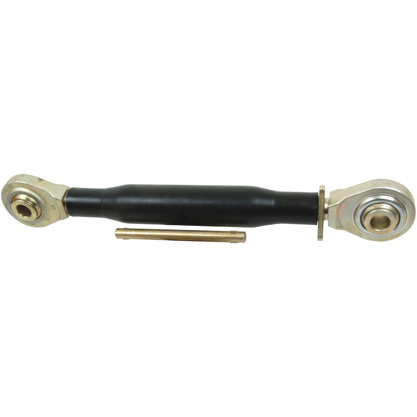 Image of a Sparex Top Link Heavy Duty (Cat.3/3) Ball and Ball, M40 x 3.00, with metal ends and a black center piece. The heavy-duty center tube is suitable for tractors and includes a replacement implement end. A metal pin lies below the rod.
