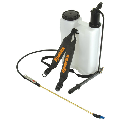 A white Sparex Quality Heavy Duty Knapsack Sprayer (16L) - S.52400 with black shoulder straps, a high-pressure hose, and a spray wand. The sprayer features a black pump handle and a blue nozzle, along with chemical-resistant seals for durability.