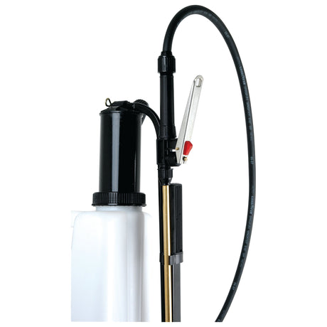 Close-up image of the Sparex Quality Heavy Duty Knapsack Sprayer (16L) - S.52400, featuring a white tank, a black lid, and a connected high pressure hose with a nozzle at the end.