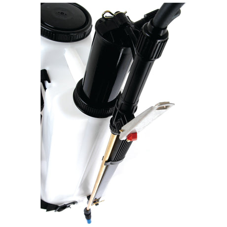 A close-up view of the Sparex Quality Heavy Duty Knapsack Sprayer (16L) - S.52400 showcases a white backpack with black straps, a high-pressure hose, and a brass spray wand attached to its side.