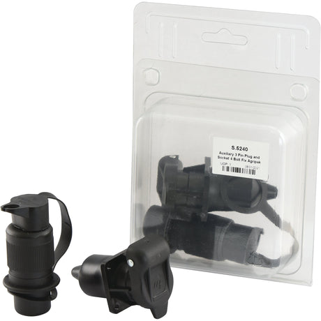 A black 3-pin plug and socket set, branded Sparex and identified as Part No. S.5240, features one plug and one socket outside of the packaging, with another set secured inside a clear plastic blister pack.