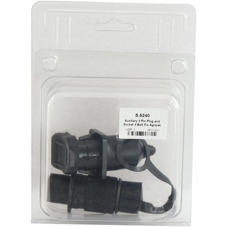 A packaged Auxiliary 3 Pin Plug and Socket from Sparex, crafted from durable plastic, features a label reading "Auxiliary 3 Pin Plug and Socket 4 Bolt Fix Agripak | Sparex Part No. S.5240.