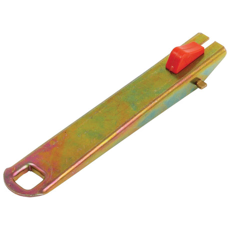 A metallic tool with a rectangular shape, featuring a red adjustable component on its top surface, and a hole on one end—a reliable Knapsack Trigger (Sparex Part No. S.52433) essential.