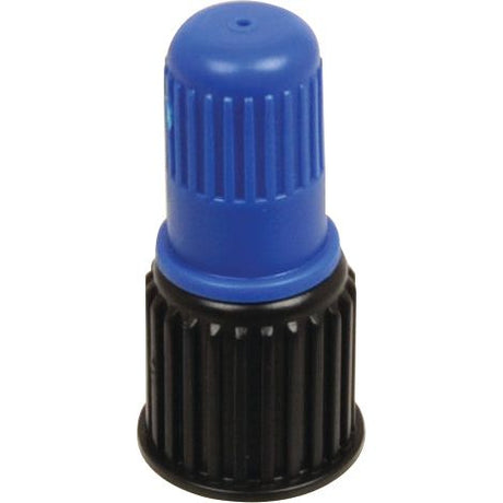 Close-up of a blue valve cap, similar to the precise fitting of a cone nozzle, typically used for inflating bicycle tires. The design resembles that of the Knapsack Adjustable Cone Nozzle (Blue) by Sparex, Part No. S.52440.