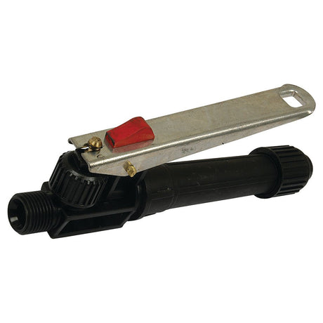 A knapsack filterless handle by Sparex, part number S.52474, is attached to a black plastic body of a mechanical tool, likely a sprinkler or valve.