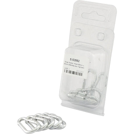 Plastic packaging containing several Sparex Part No. S.52552 snap hooks (Snap Hook, Hook Ø4mm x 40mm), with four additional Agripak snap hooks placed in front of the package.