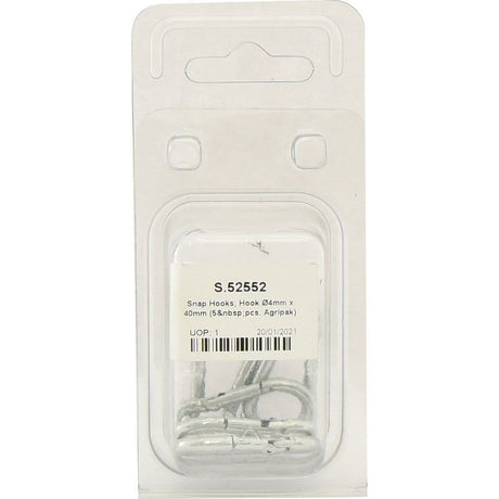 A pack of Sparex snap hooks labeled "Snap Hook, Hook Ø4mm x 40mm | Sparex Part No.S.52552" in clear plastic packaging (5 pcs, Agripak).