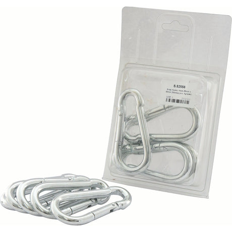 A pack of six silver Sparex carabiners (Hook Ø9mm x 90mm, Sparex Part No.S.52556) in a clear plastic Agripak, featuring five additional Sparex Snap Hooks neatly arranged outside the packaging.