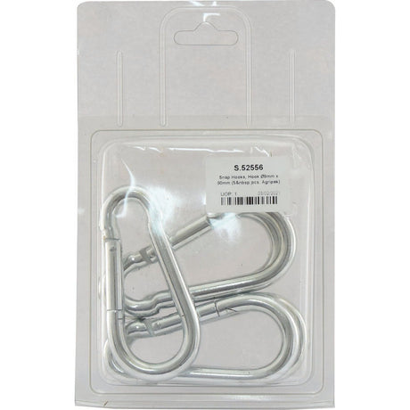 Two silver Sparex snap hooks, each 90mm in size with a hook Ø9mm, packaged in clear plastic with a white label displaying the item code "S.52556" and product details. Perfectly crafted for durability, this Agripak product ensures reliable performance and quality.