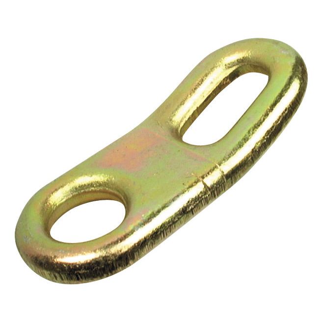 A gold-colored, oval-shaped metal link with two holes of different sizes, labeled as a Stabiliser Plate - Hole Ø23 & 18x38mm | Sparex Part No.S.5255.