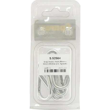 A plastic package labeled "S.52564" from Sparex contains several Snap Hooks (Hook Ø5mm x 50mm), with product dimensions and quantity clearly visible on the label.