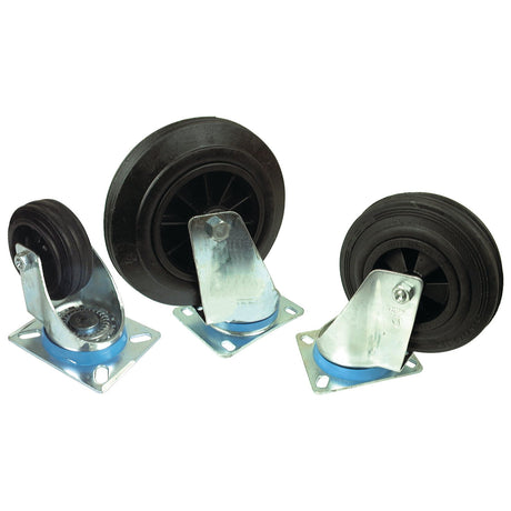 Image of three black Sparex turning rubber castor wheels with metal mounting plates, arranged in a row. The wheels vary in size, with the largest on the left and the smallest on the right, including one wheel Ø 80mm (Sparex Part No. S.52570) and each able to support up to a 50kg capacity.