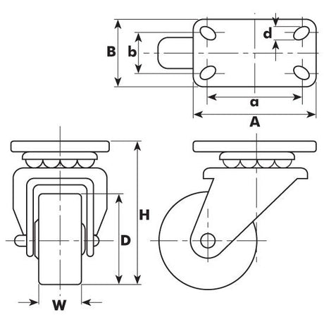 Technical drawing of the Sparex Turning Rubber Castor Wheel (Part No. S.52571), showcasing front, side, and top views with labeled dimensions: A, B, D, H, W, a, b, d. The 125mm diameter wheel has a capacity of 100kgs.