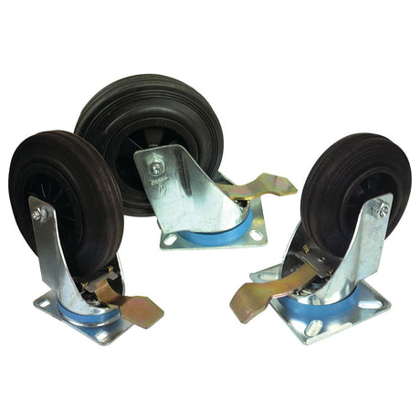 Image of three black Sparex Braked Rubber Castor Wheels (Sparex Part No. S.52574) with metallic plates, 100mm wheel diameter, and mounting hardware, each capable of supporting up to 75kgs.