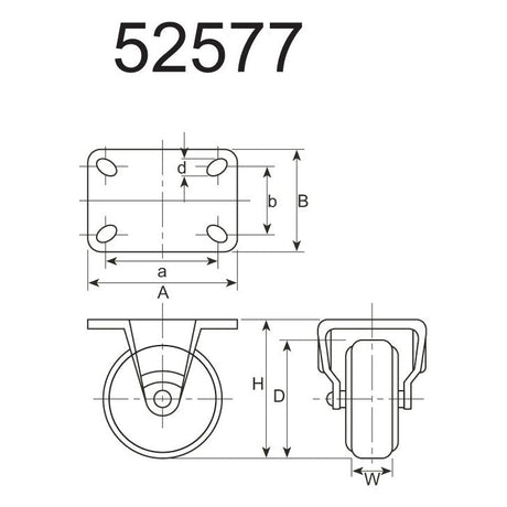 Technical diagram of the Sparex Fixed Rubber Caster Wheel with an 80mm wheel diameter and dimensions labeled as a, b, d, A, B, D, H, and W. Marked at the top is Sparex Part No. S.52577. The caster has a capacity of 50kgs.
