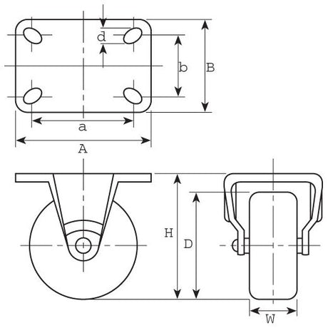 Technical drawing of the Sparex Fixed Rubber Castor Wheel (Part No. S.52578) with a 125mm wheel diameter and labeled dimensions: a, b, B, d, H, D, and W. Includes top, side, and front views detailing the mounting plate and wheel structure. This castor supports up to a 100kgs capacity.