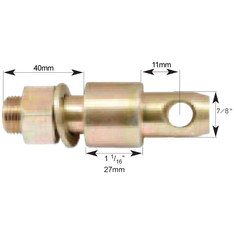 Image of a metal cylindrical component with various measurements labeled, including 40mm, 11mm, 27mm, and 7/8 inches. The part features threads on one end (thread size 3/4'' UNF) and a hole on the other. Ideal for Massey Ferguson machinery. This is the Stabiliser Pin (22x98mm) from Sparex, Part No. S.5257.