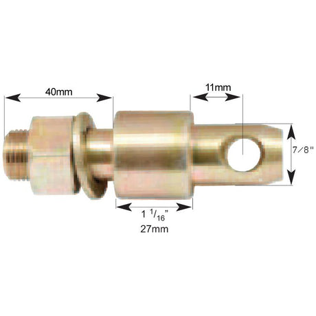 Image of a metal cylindrical component with various measurements labeled, including 40mm, 11mm, 27mm, and 7/8 inches. The part features threads on one end (thread size 3/4'' UNF) and a hole on the other. Ideal for Massey Ferguson machinery. This is the Stabiliser Pin (22x98mm) from Sparex, Part No. S.5257.