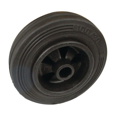 A Rubber Replacement Wheel by Sparex (Part No. S.52581), featuring a black treaded surface and a central hub, viewed from an angle. The 100mm wheel diameter ensures smooth movement, while the design supports up to 75kgs capacity.