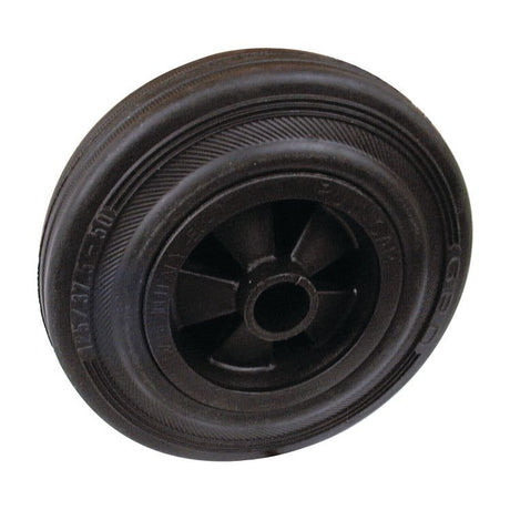 The Sparex Rubber Replacement Wheel, with the Part No. S.52582, features a black rubber tire and a plastic wheel hub, complete with a tread pattern and "RIVAL 5.90" labeling on the side. This wheel has a diameter of 125mm and can support up to 100kg.