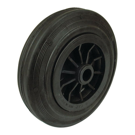 The Sparex Rubber Replacement Wheel (Part No. S.52584) is a 200mm diameter black rubber wheel featuring a central hub and treaded surface, designed for equipment or vehicles, and capable of supporting up to 205kgs.