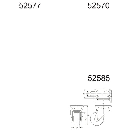 Technical drawings of three different types of casters labeled 52577, 52570, and S.52585, showing dimensions and design features. Each caster includes the Sparex Turning Plastic/Nylon Castor Wheel with a wheel Ø 80mm and a capacity of 120kgs.