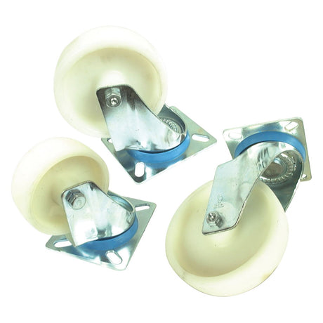 Against a white background are four Sparex Turning Plastic/Nylon Castor Wheels, each featuring metal brackets, blue inserts, a capacity of 120kg, and Wheel Ø 80mm (Sparex Part No. S.52585).