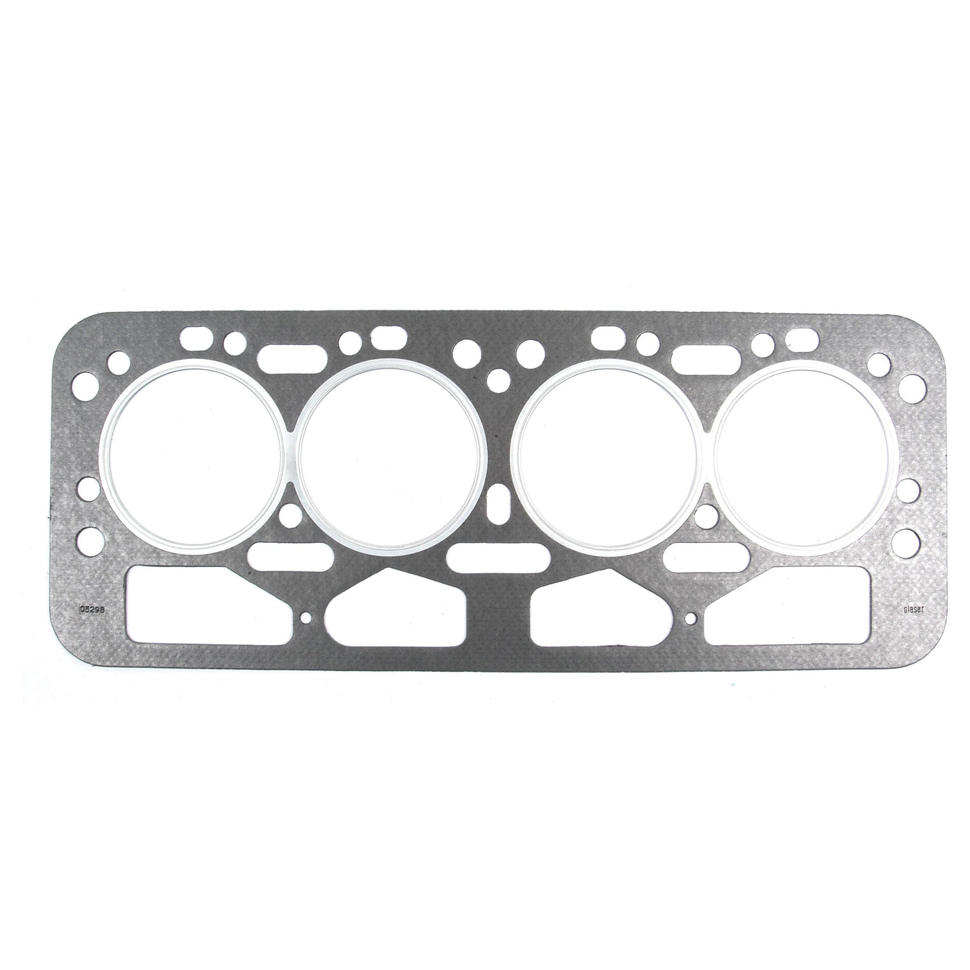 The Sparex Head Gasket - 4 Cyl. (4/98DT, 38VD, 4/98NT, 4/98TT), Sparex Part No. S.52604, features four circular openings and various small holes around the edges, making it perfect for Leyland Engine applications in internal combustion engines.