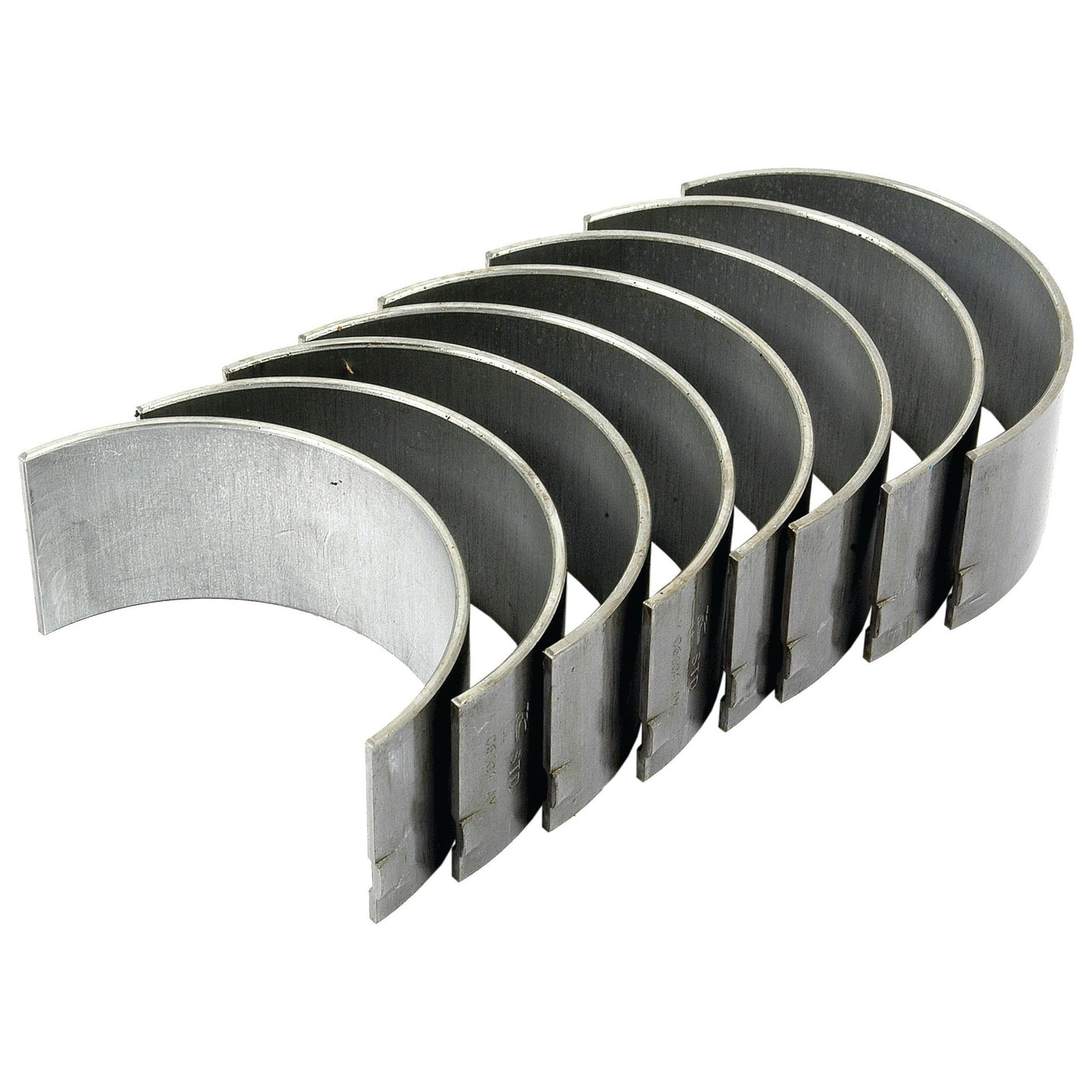 The Conrod Bearing Std. Set - S.52617 by Sparex includes seven metallic, semi-circular engine bearing shells arranged in a staggered row, making it perfect for tractor tube repair projects.