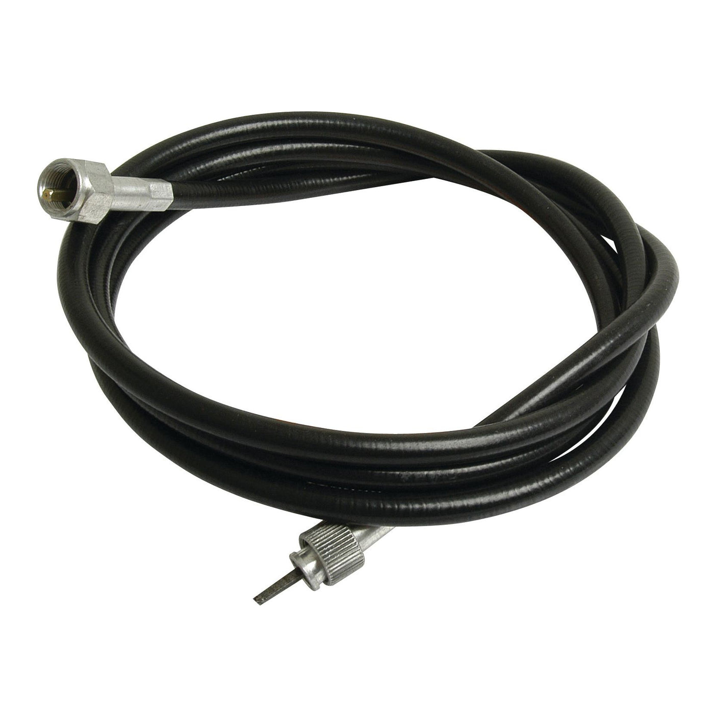 A 1783mm Drive Cable, black and coiled, featuring metal connectors on both ends—one with a threaded fitting and the other with a pin-like connector. This cable, suitable for JCB and Leyland tractor parts, is available under Sparex Part No. S.52626 from the Sparex brand. The outer cable length is 1775mm.