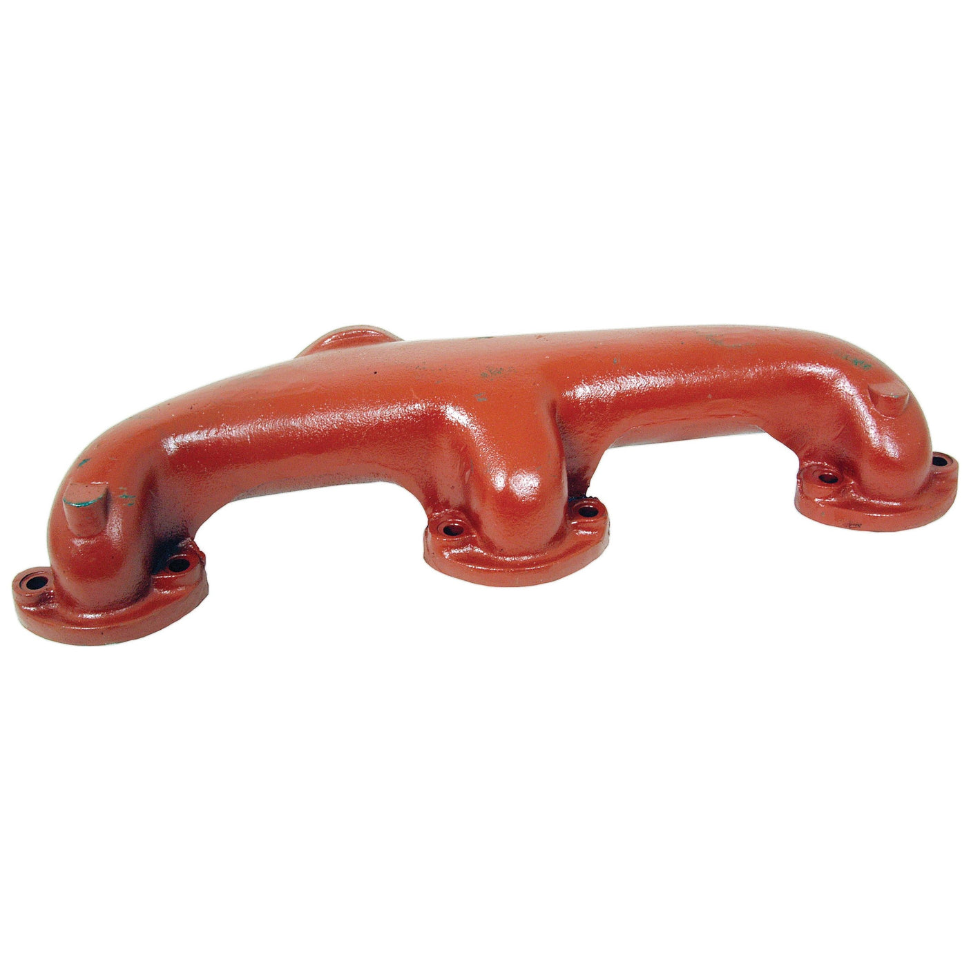 An image of a red, rusted Exhaust Manifold (3 Cyl.) from Sparex (Sparex Part No. S.52630), featuring four distinct openings, from a Nuffield 10/60.