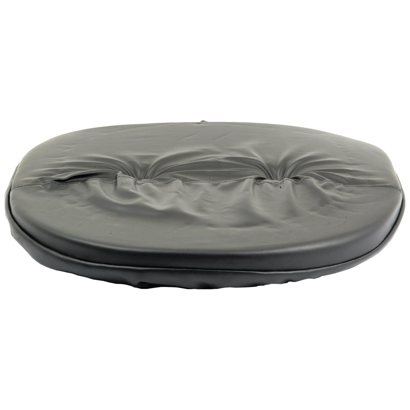 The Sparex Seat Cushion - Black - S.52666 is an oval-shaped, padded cushion with slight indentations, featuring a design that evokes the classic style of old seat pans.