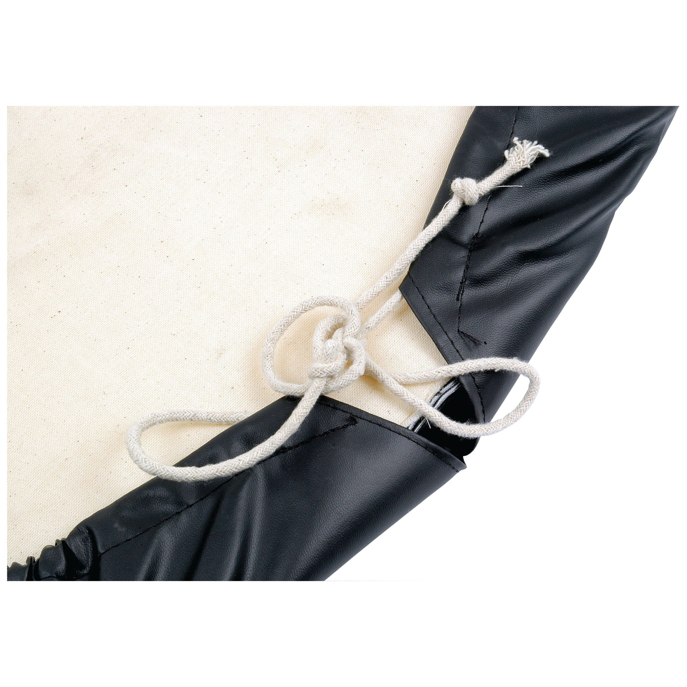 A close-up of an off-white rope tied into a knot on the black leather surface of the Seat Cushion - S.52666 by Sparex, reminiscent of details found in old style seat pans.