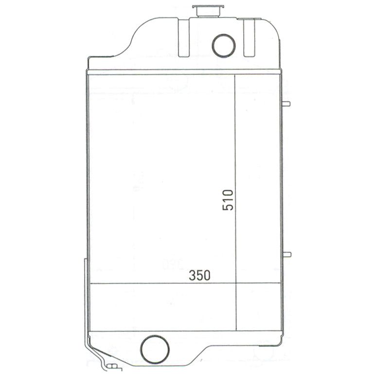 Technical drawing of the Sparex Radiator - S.52758 rectangular tank showing dimensions: 350 mm in width and 510 mm in height, with top and bottom circular fittings, including space for a radiator cap.