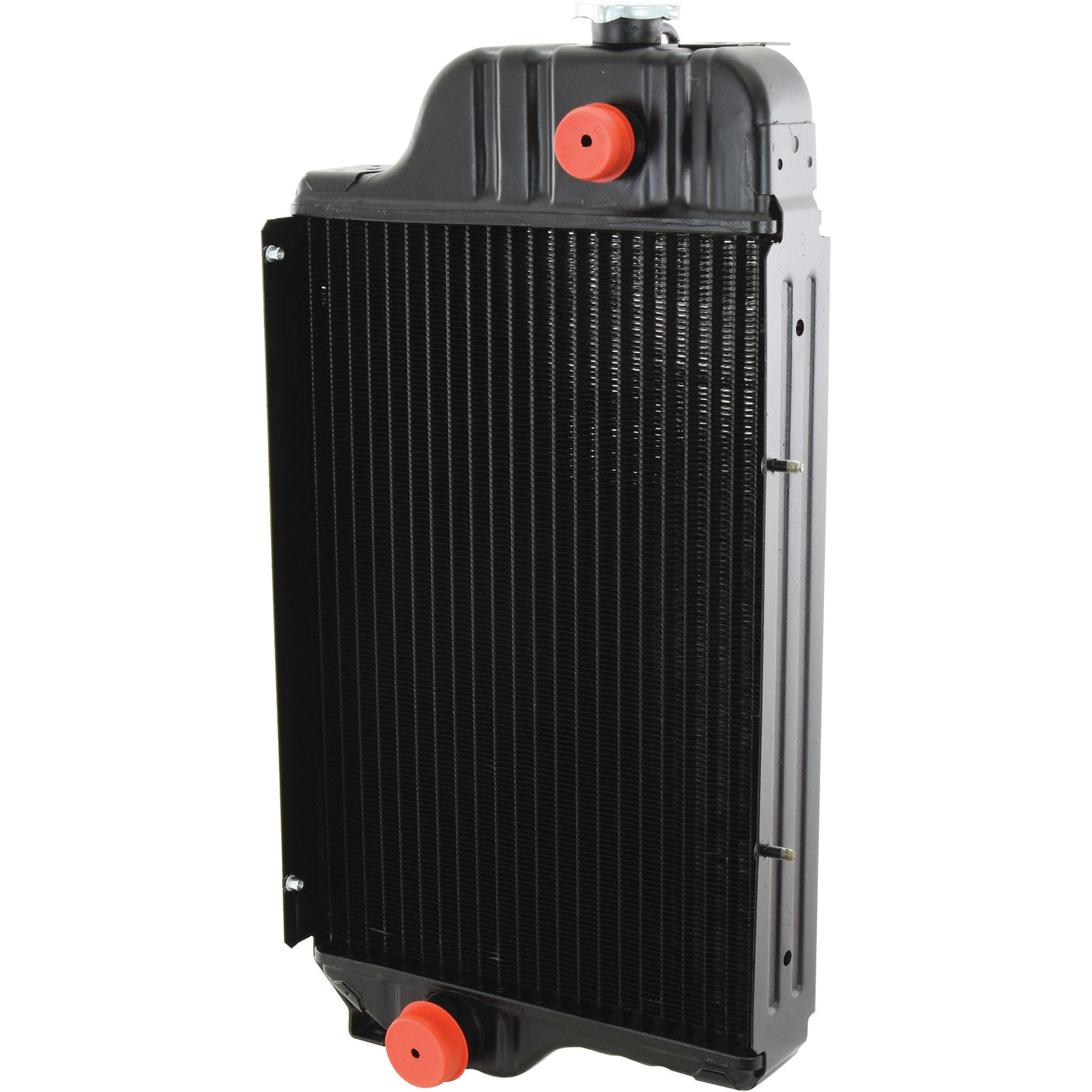 A vertical automotive radiator, model S.52758 from Sparex, featuring visible fins and red radiator caps on the top and bottom ports in a sleek black design.