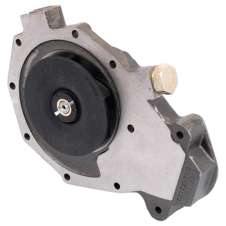 The Water Pump Assembly - S.52765 from Sparex is a metal automotive water pump that features a black Impeller and a hexagonal bolt on the right side, making it ideal for use with Claas ARES and John Deere machinery.