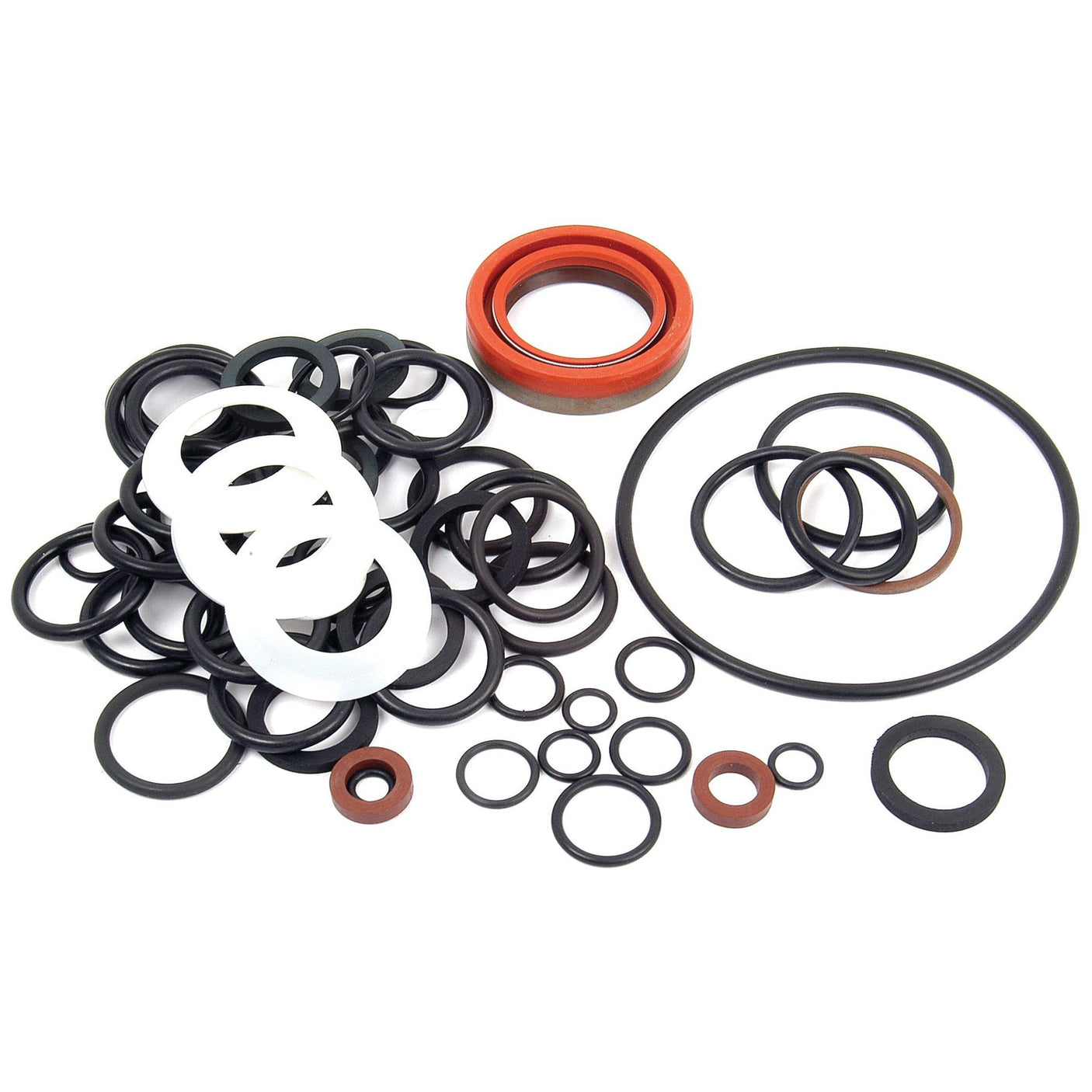 A collection of variously sized O-rings and seals, including black, white, and red rings, arranged on a white background. Perfect for maintaining your John Deere hydraulic pump (RE29107). Product Name: O'Ring Kit | Sparex Part No.S.52766 by Sparex.