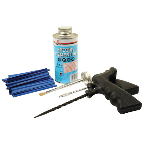 The ATV/Quad Tyre Repair Kit by Sparex (Sparex Part No. S.52779) features a can of special cement, an applicator brush, blue repair strings, and a T-handle inserting tool with a spiral probe.