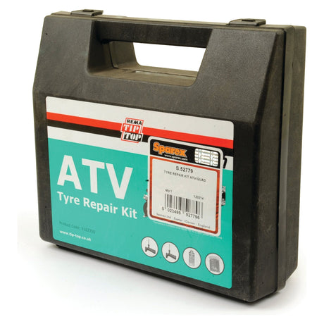 A black plastic case labeled "ATV /Quad Tyre Repair Kit | Sparex Part No.S.52779" from the brand Sparex showcases various logos and images of tire tools on the front, including repair strings and a specialized inserting tool for easy use.